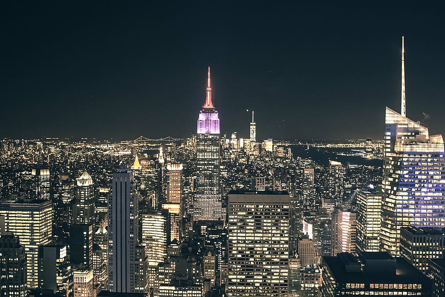 fotografia, Empire State Building, novo, York, noturno, aérea, foto, edifícios, virou, luzes
