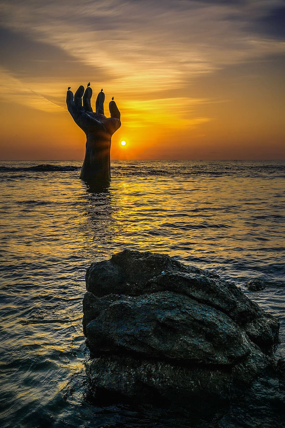 hand, drown, ocean, golden, hour, sunrise, homigot, pohang, sea, statue