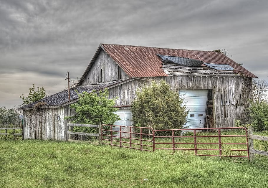 brown, wooden, house, surrounded, grass, barn, rustic, barns, ohio, digital art
