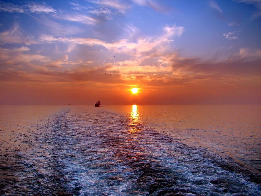 silhouette, boat, sea, golden, hour, Sunset, Atlantic, Wake, East, the wake