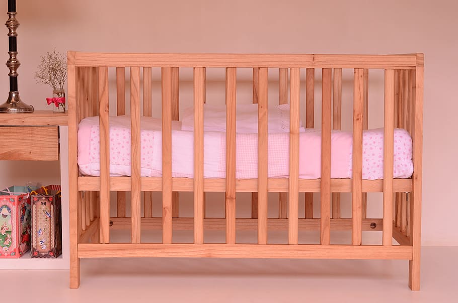 brown, wooden, crib, white, mattress, beige, painted, wall, baby bed, baby cot