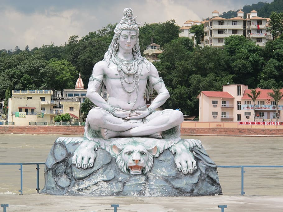 hindu deity, sitting, white, tiger, river, India, Rishikesh, Ganges, Shiva, Statue