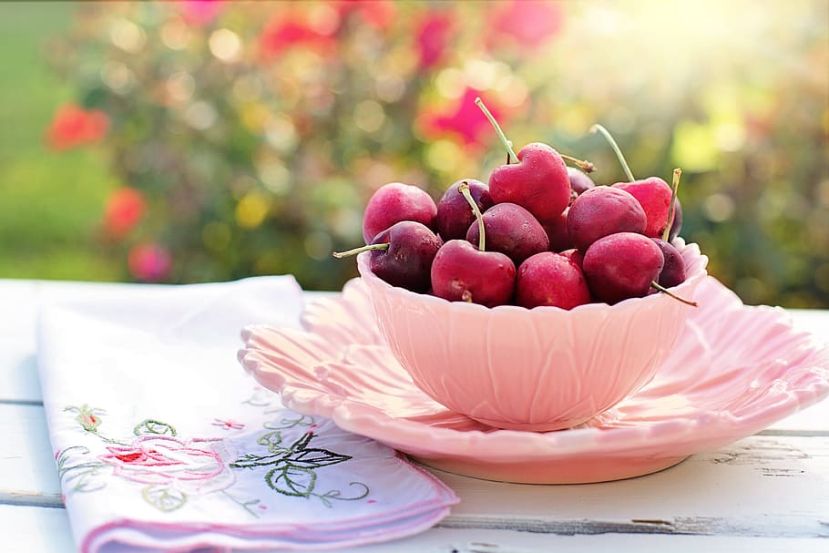 rosa, tazón de fuente, rojo, frutas, al lado, floral, tela, cereza, platillo, cerezas