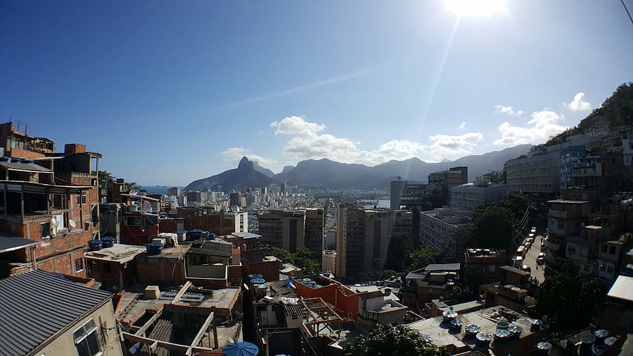 arranha-céus, favela, cantagalo, rio de janeiro, paisagem, céu, pano, panorâmica, horizonte, monte de colina