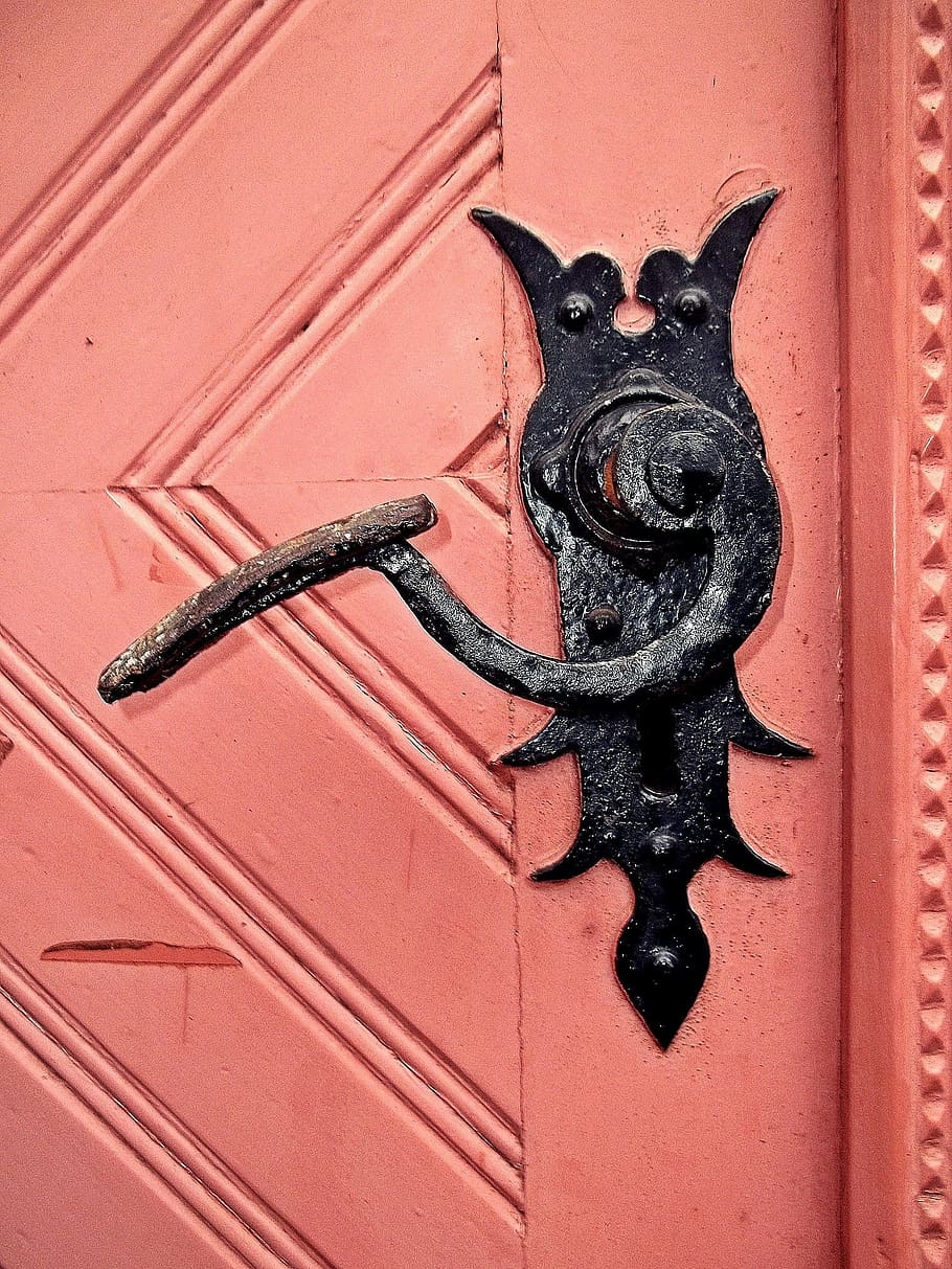 pink, wooden, door, black, knob, black steel, lever, handle, door knob, church
