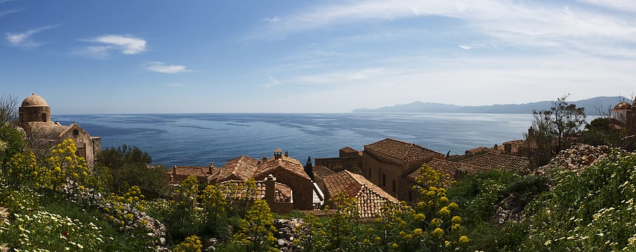 summer, monemvasia, greece, sea, holidays, landscape, holiday, island, panoramic, architecture