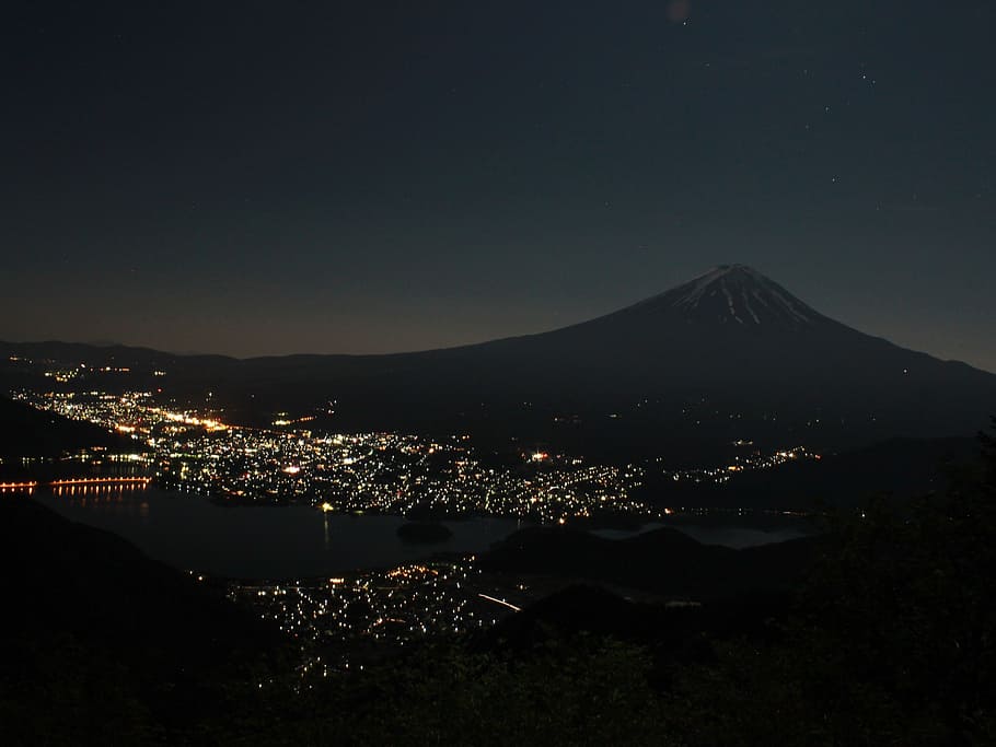 mt fuji, mountain, yamanashi, fuji san, world heritage site, night view, night, city, architecture, built structure
