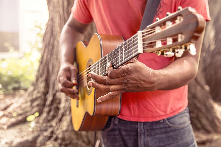 man, wearing, red, t-shirt, playing, brown, classical, acoustic, guitar, tree