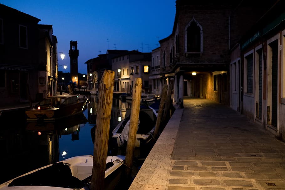 murano, alley, water, boat, light, at night, tower, blue, yellow, houses