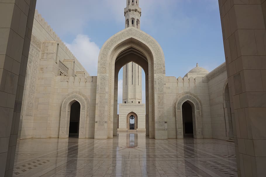 white, concrete, building, daytime, mosque, entrance, minaret, arabian, oman, architecture