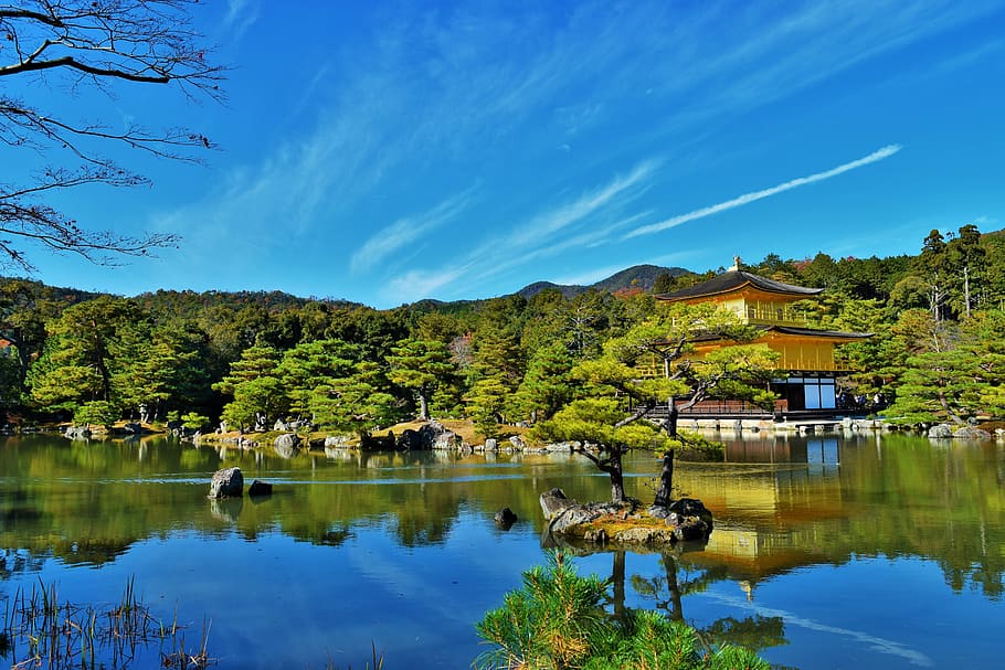pagoda, river, blue, sky, kyoto, golden temple, kinkaku-ji, japan, water, reflection