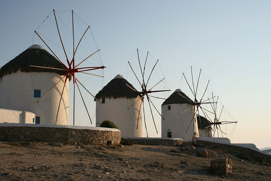 windmills at houses, windmills, mykonos, greece, island, greek, scenic, traditional, white, aegean