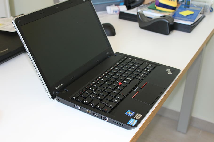black, lenovo thinkpad, top, white, wooden, desk, notebook, laptop, office, hardware