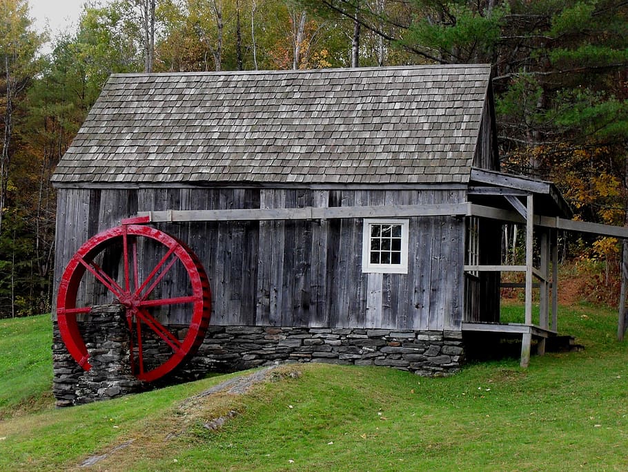 Mill, Wheel, Rustic, Weathered, mill, wheel, red, new england, green, wood, water wheel