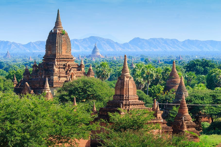 brown, antique, building, surrounded, trees, bagan, myanmar, archaeological area, panorama, temple minyeingon