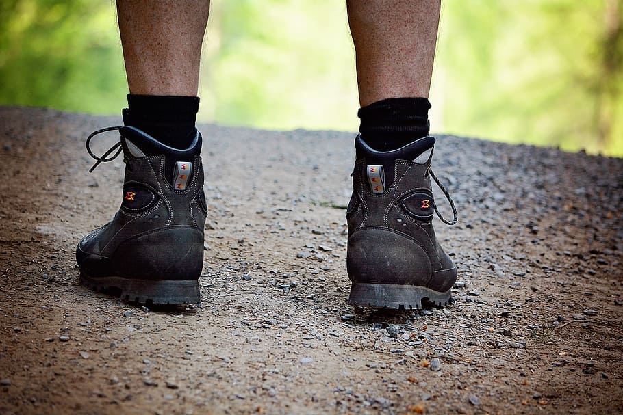 person, wearing, black, leather, hiking, boots, shoes, hiking shoes, man feet, man legs