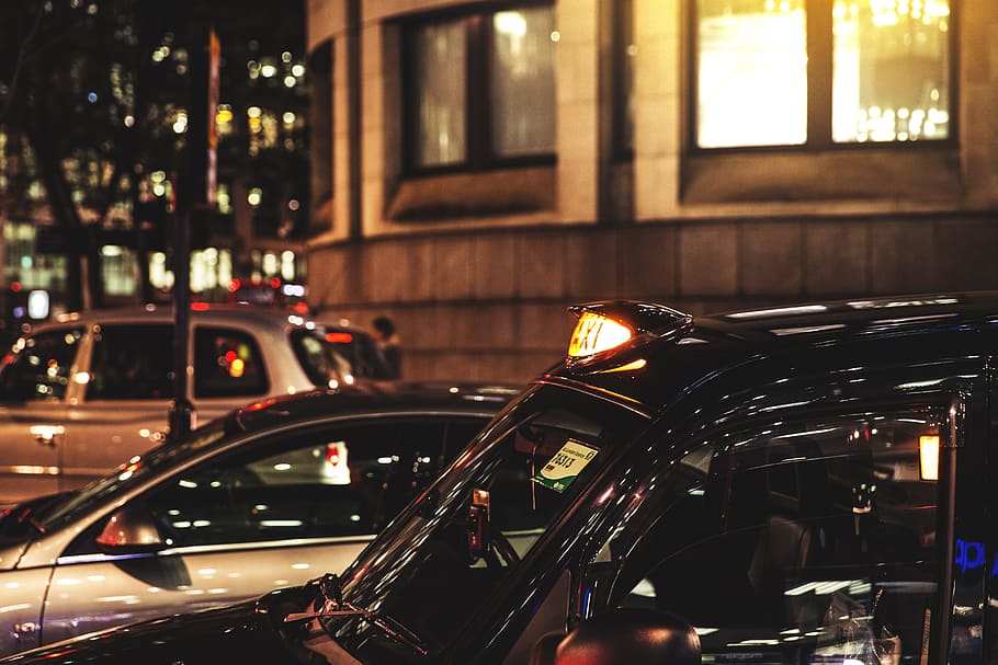 лондонское такси, черный, такси, городской, автомобиль, лондон, трафик, ночь, улица, городская сцена