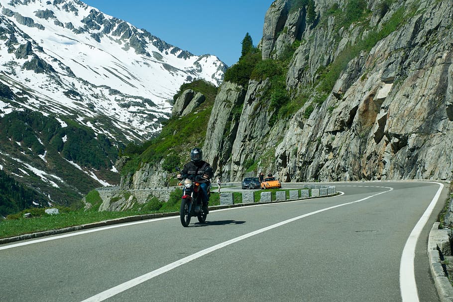 person, riding, motorcycle, crossing, road, alpine road, alpine, pass round trip, mountain, transportation
