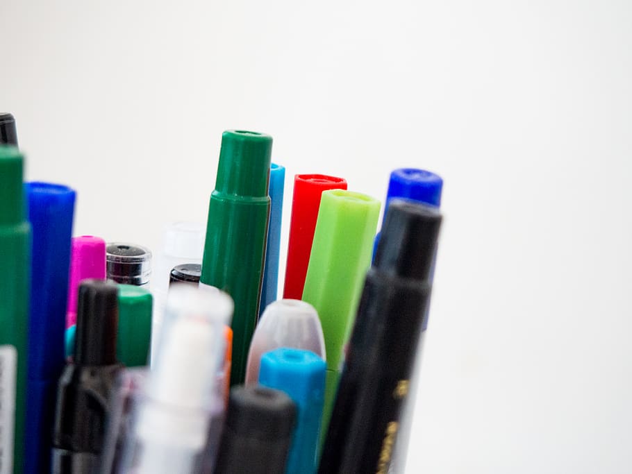 colorful, pen, marker, art, drawing, school, office, supplies, white, table