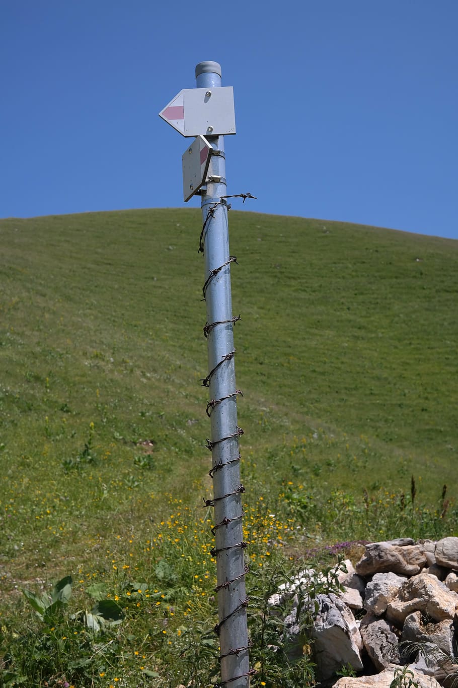 directory, signpost, waymarks, shield, post, barbed wire, protection, sky, nature, grass