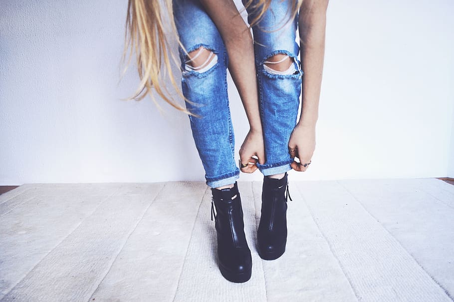 woman, wearing, blue, distressed, jeans, pair, black, leather boots, girl, lady