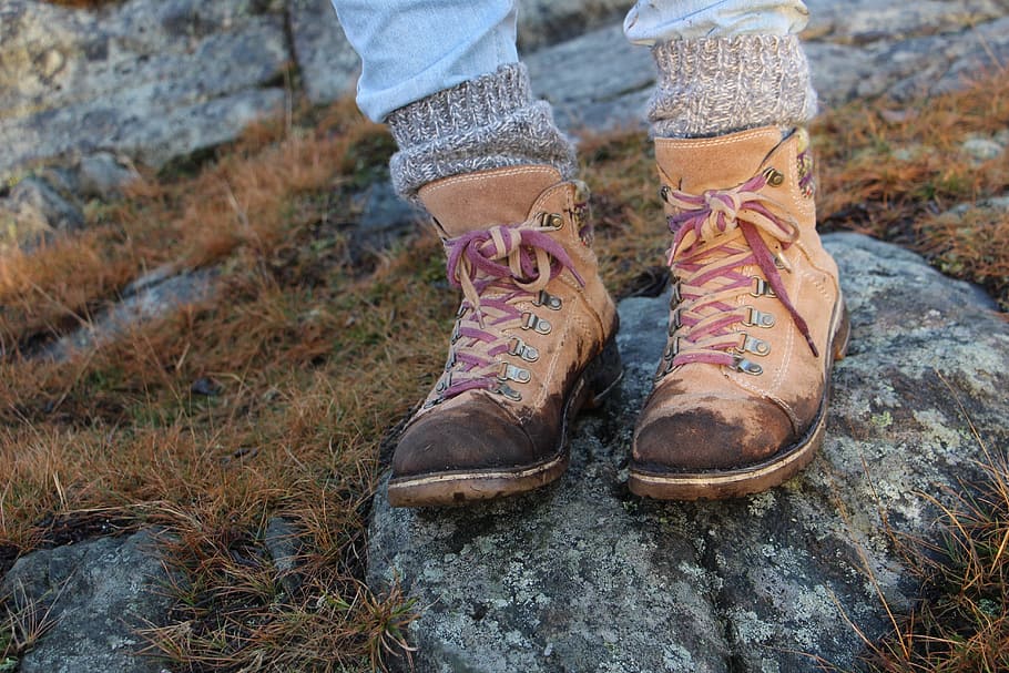 person, wearing, pair, hiking, boots, rock, leather shoes, hiking shoes, nature, dirt
