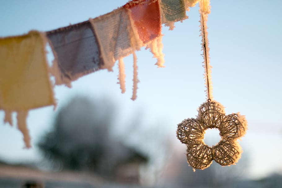 macro shot photo, brown, textiles, tibetan prayer flags, winter, frozen, morning, sunrise, switzerland, zürcher oberland