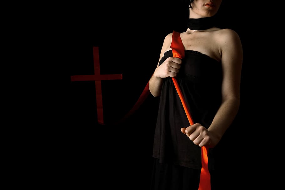 woman, wearing, black, halter dress, holding, red, lace lowlight photography, dress, lace, lowlight photography