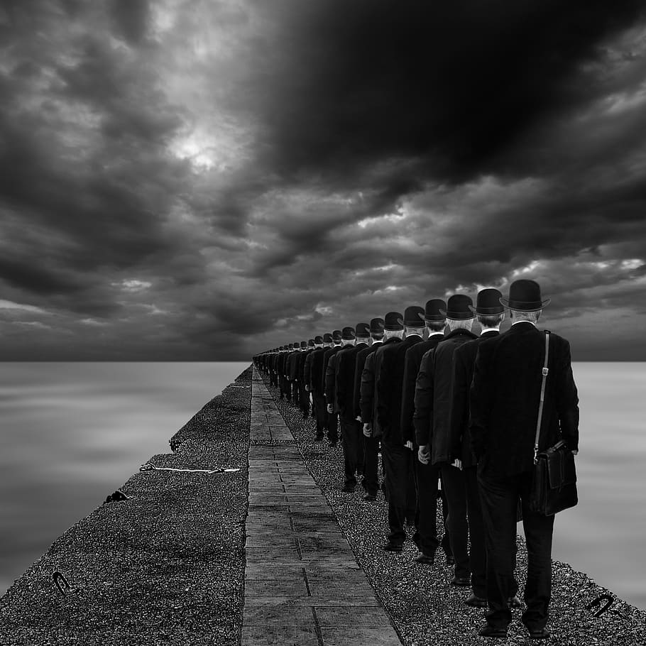 lined, people, pathway, assimilation, surreal, men, waiting, street, order, sky
