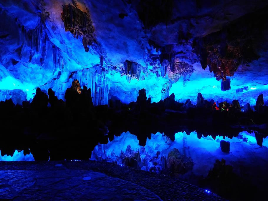 Reed Flute Cave, Guilin, Batu, stalaktit, alam, malam, stalagmit, gua, diterangi, refleksi