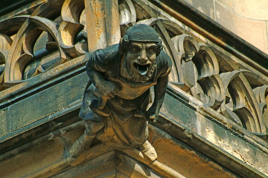 prague, gargoyle, statue, stone, old town, buildings, ornament, facade, architecture, old