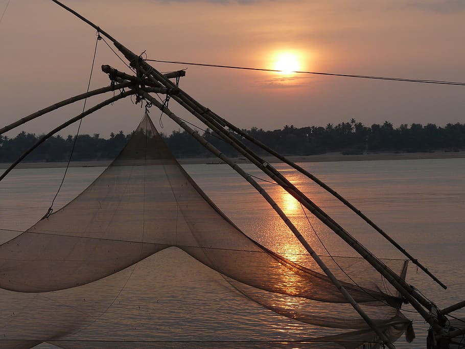 sunset, mekong river, river, cambodia, fishing net, sky, water, sun, reflection, nature