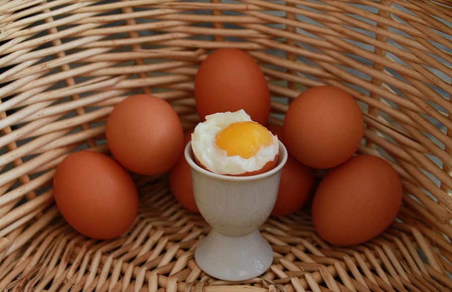 brown, egg, wicker basket, eggs, basket, soft boiled egg, boiled egg, egg yolk, egg white, farm