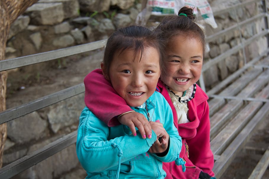 dois, menina, foto, meninas, tibete, crianças, feliz, sorriso, nepal, asiático