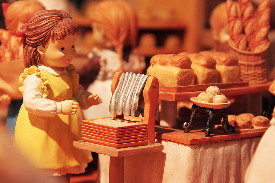bonito, interessante, cidade, obra-prima de padaria em miniatura, padaria, miniatura, pão, café, japão, infância