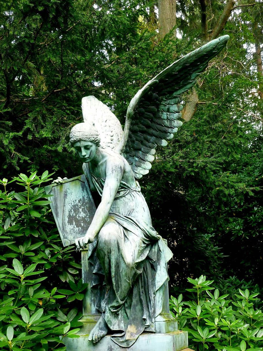estatua, ángel, tenencia, rectangular, tablero, sentado, ladrillo, escultura, escultura de ángel, hembra