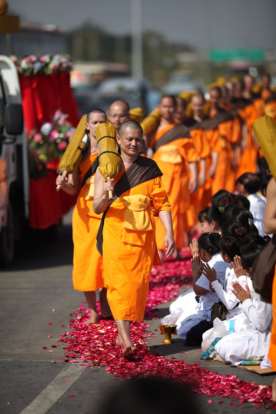 Budismo, laranja, monges, budistas, andar, vestes, tailandês, budista, wat, phra dhammakaya