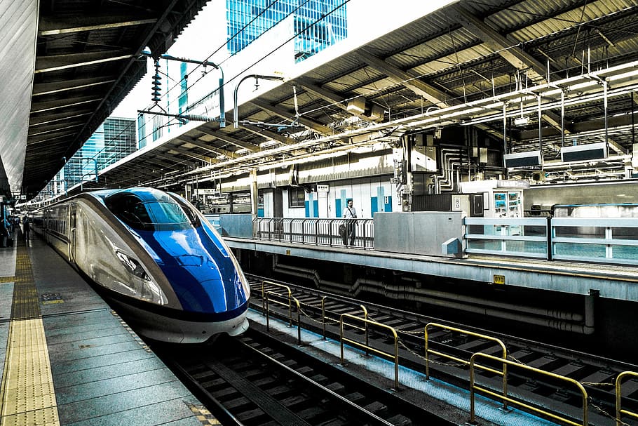 blue, white, electric, train, rail station, grey, bullet, transportation, platform, station