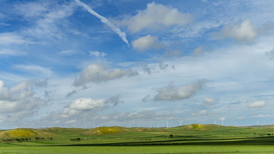 padang rumput, langit biru dan awan putih, cuaca, warna, pariwisata, Mongolia, pemandangan, alam, indah, pembangkit listrik tenaga angin