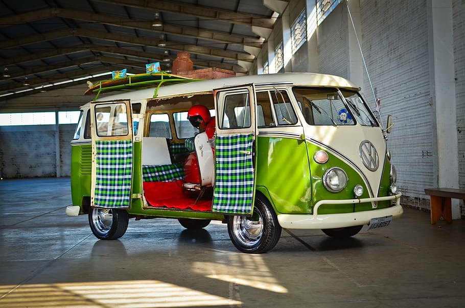 motor scooter, inside, green, white, volkswagen t 1, t1, parked, building, car, vehicle