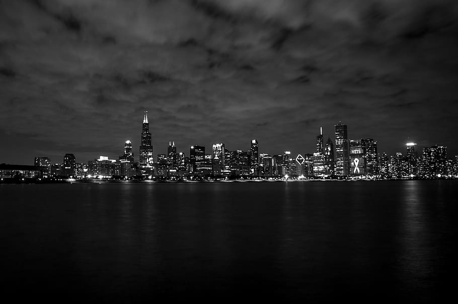 Tiro panorámico en escala de grises, edificios de la ciudad, Chicago, ciudad, arquitectura, urbano, Illinois, paisaje urbano, edificio, centro de la ciudad