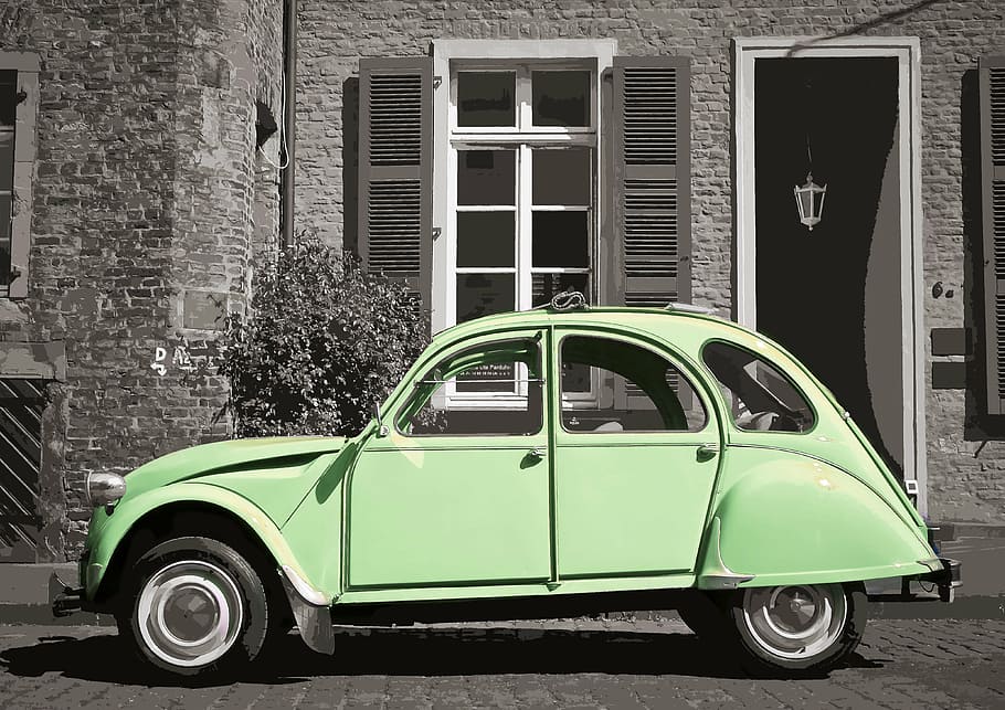 green, volkswagen beetle, parked, white, painted, wall, black, wooden, door, car