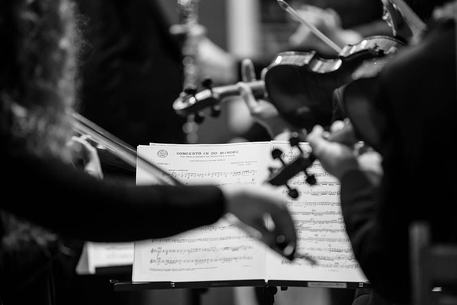 grayscale photography, music notes, concert, violins, concerto in d major for oboe, carlo romano, music, musical Instrument, musician, classical Music
