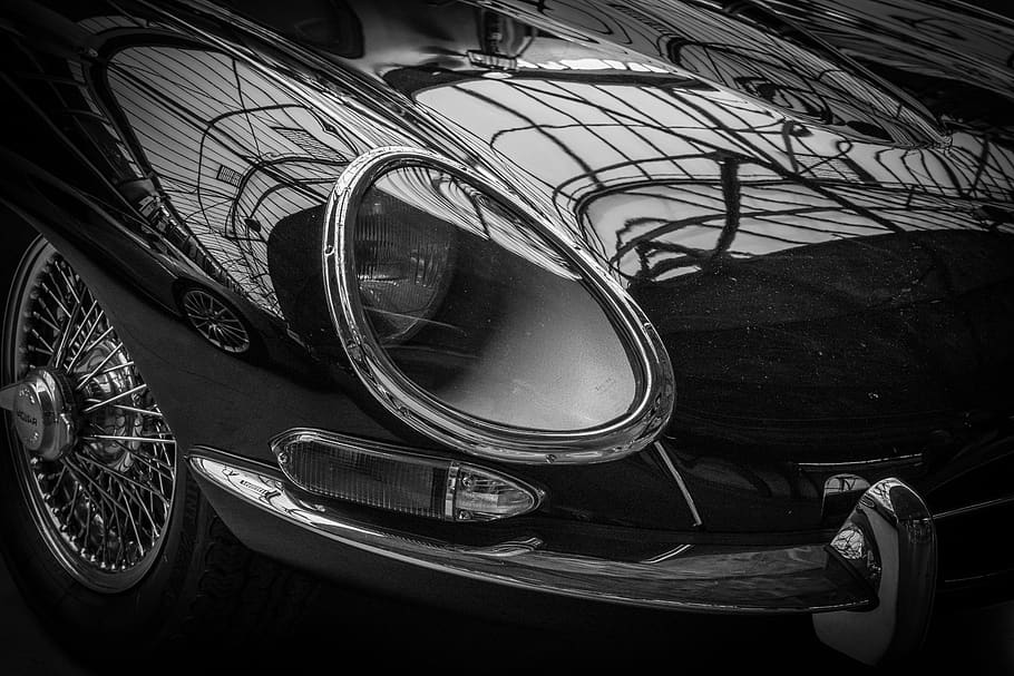 jaguar, tipe e, menyoroti, mobil, klasik, oldtimer, kendaraan, khrom, kemewahan, otomotif