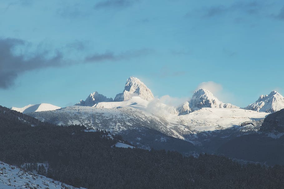 branco, montanhas, aéreo, fotografia, gelo, montanha, topo, dia, picos, vales