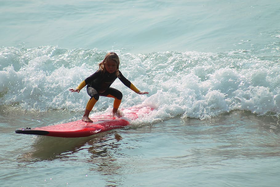 girl, riding, red, surfboard, ocean, daytime, surf, child, mar, beach