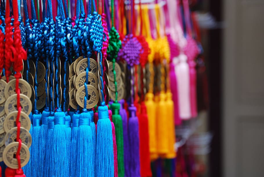 pile, assorted-color, tasseled, misbaha, prayer, beads, chinatown, chinese new year, decorations, multi colored