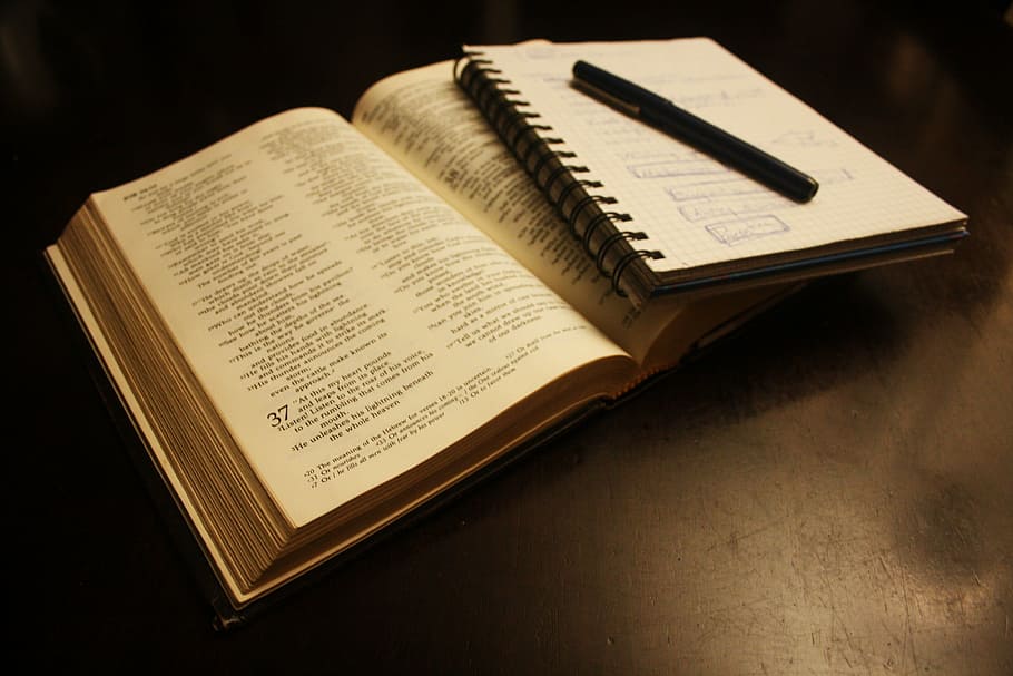black, ballpoint pen, top, white, spiral notebook, book, bible, text, literature, christianity