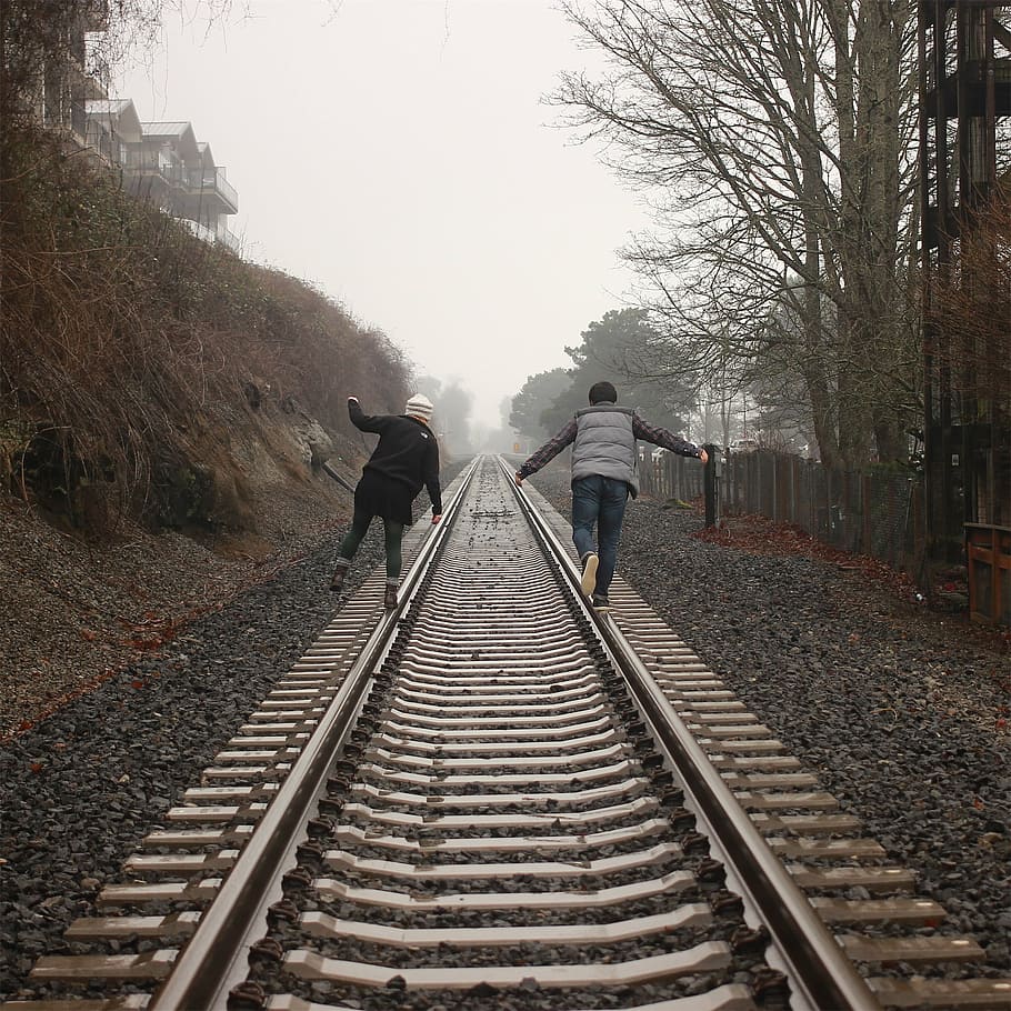 two, person, running, train railway, walking, railroad, daytime, people, train tracks, railway