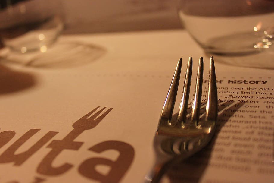gray, stainless, steel fork, clear, glass bowl, Fork, Cutlery, Macro, Dinner, Restaurant